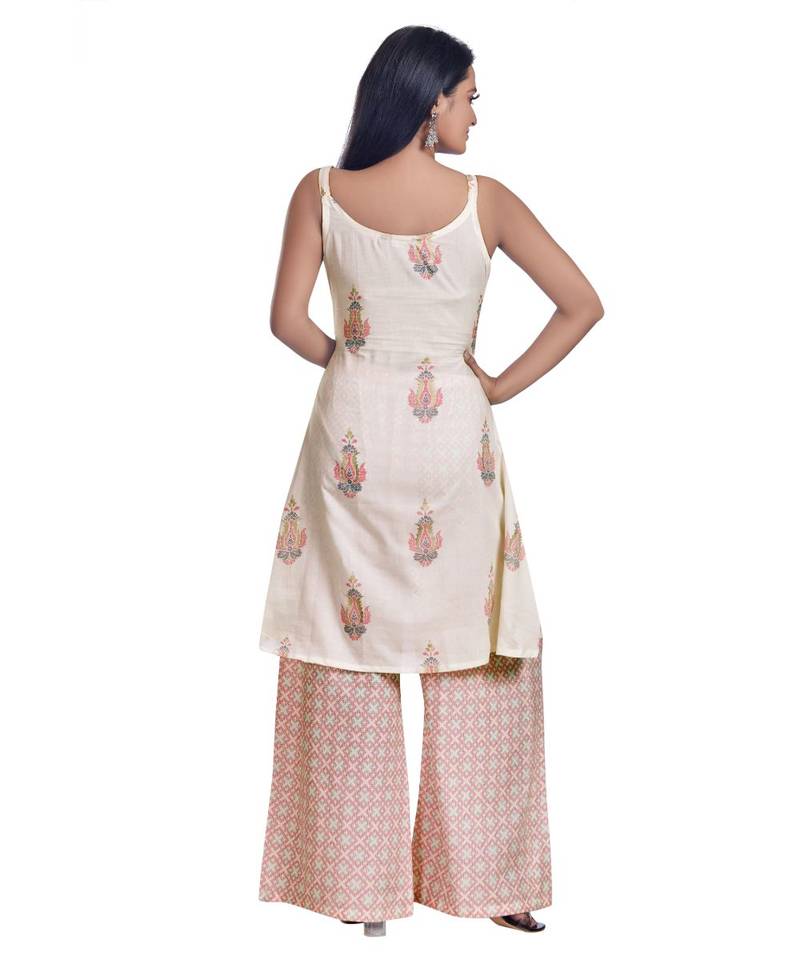 White Floral Hand Block Printed Spaggetti Kurti And Palazzo Set