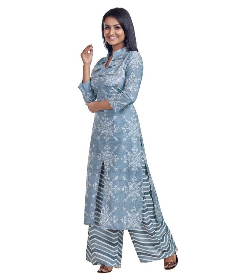 White On Grey Printed York Designed Kurta Palazzo Set