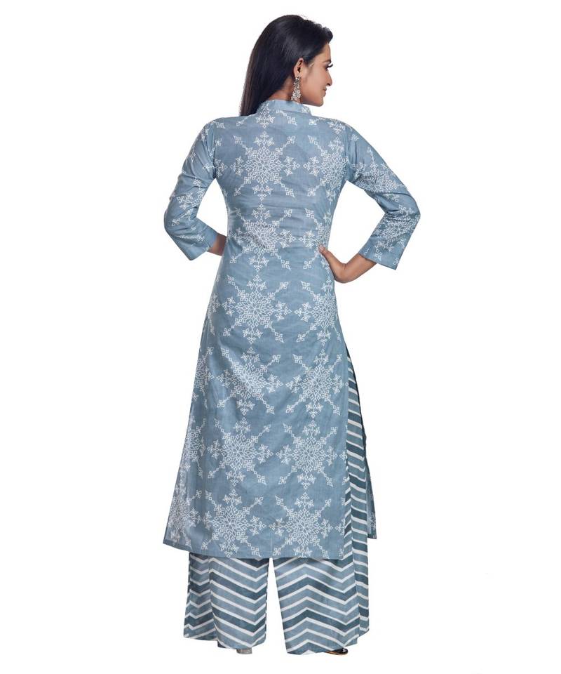 White On Grey Printed York Designed Kurta Palazzo Set