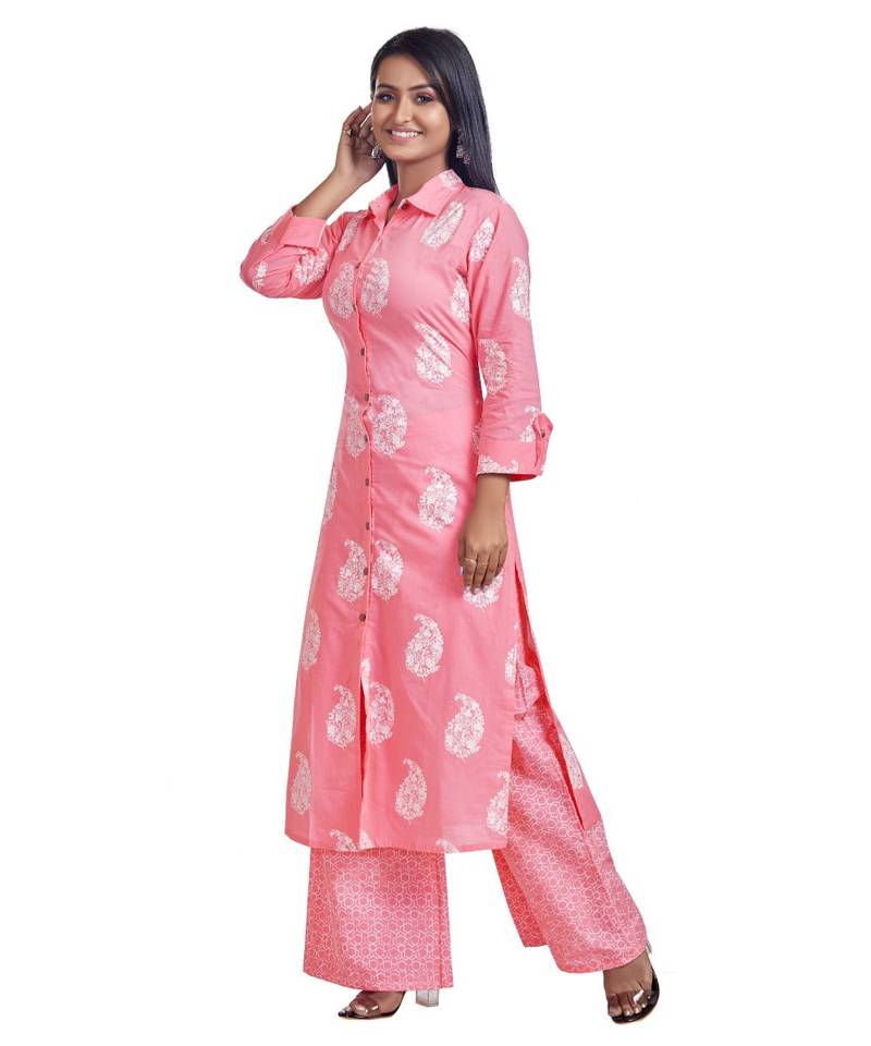 Baby Pink Paisly Printed Kurta Palazzo Set
