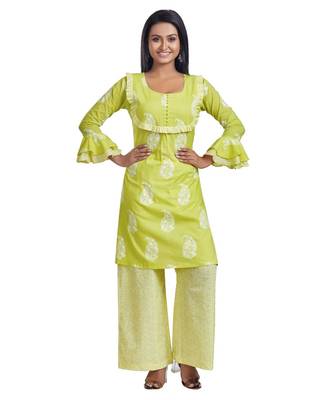 Lime Green Floral Paisley Printed Kurta Palazzo Set 1