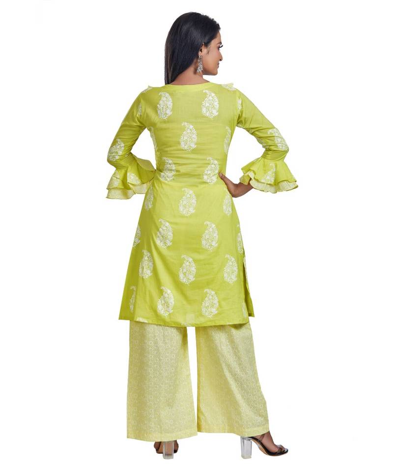 Lime Green Floral Paisley Printed Kurta Palazzo Set