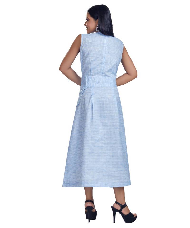 Pastel Blue Check Printed Maxi Dress