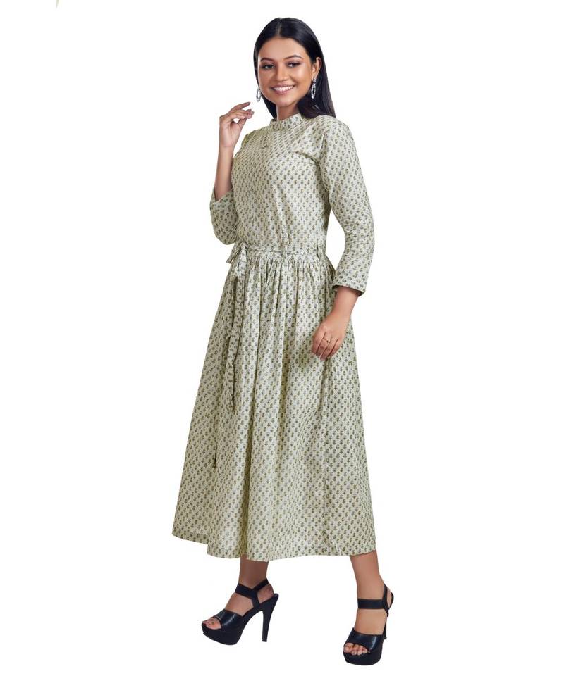 Grey Printed Front Open Belted Maxi Dress