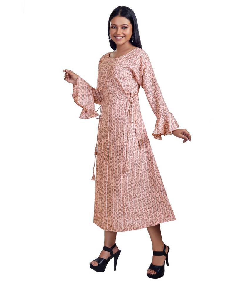 Peach  Silk Printed Both Side Tie Maxi Dress