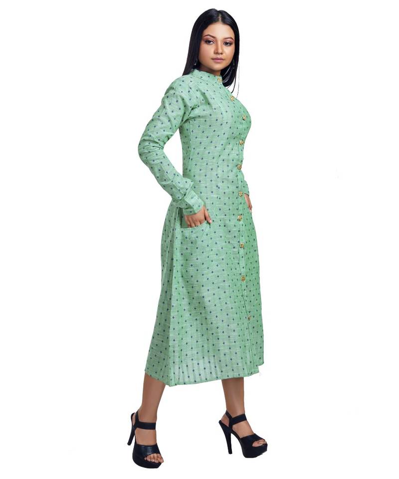 Turquoise Green Self Textured Front Open Shirt Dress