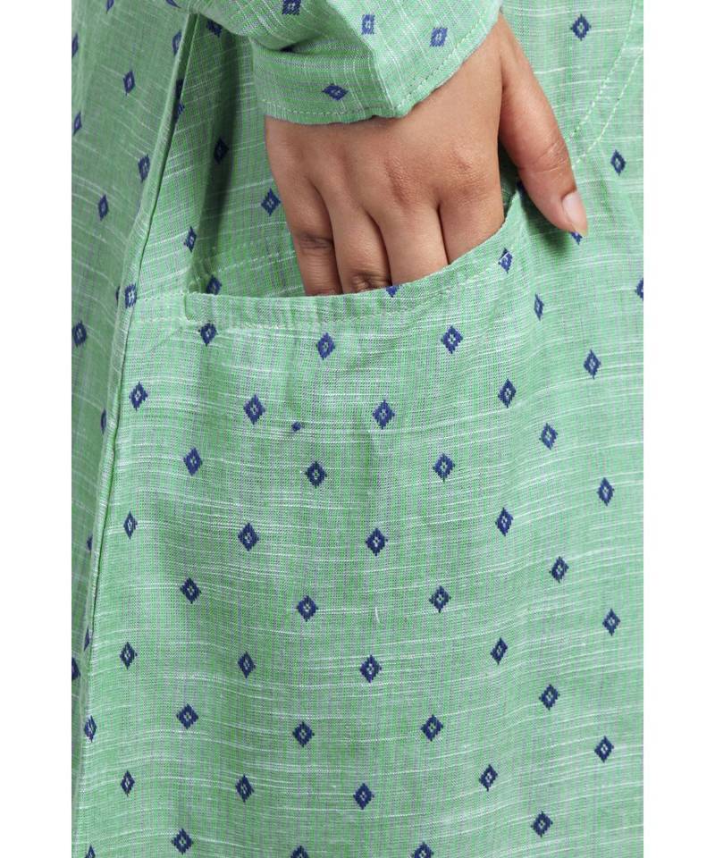 Turquoise Green Self Textured Front Open Shirt Dress