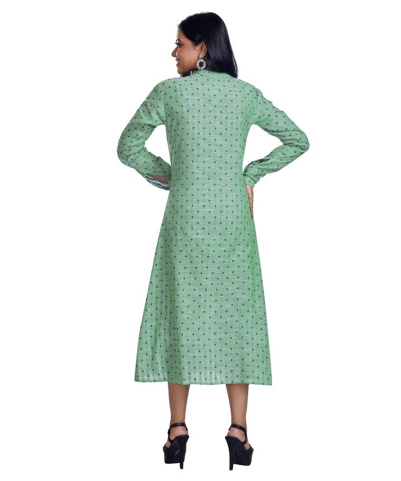 Turquoise Green Self Textured Front Open Shirt Dress