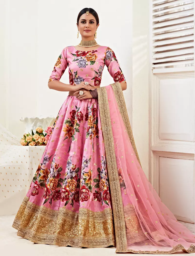 Pink embroidered banglori satin Semi Stitched bridal lehenga