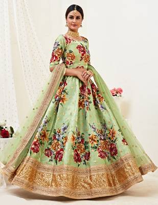 Provocative Pista green Motif Dori Zari and Sequins Embroidered Banglory Satin Semi Stitched Lehenga Choli for Bridal 4