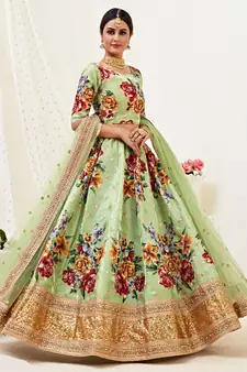 Provocative Pista green Motif, Dori, Zari and Sequins Embroidered Banglory Satin Semi Stitched Lehenga Choli for Bridal