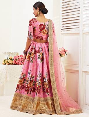 Phenomenal Pink Dori, Zari and Sequins Embroidered banglori satin Semi Stitched Lehenga Choli for Women 4