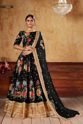 Black Art Silk Multicolor Floral Printed Semi Stitched Bridal Lehenga 2