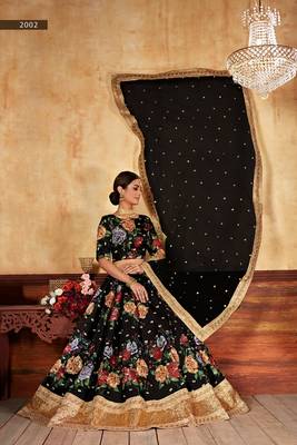 Black Art Silk Multicolor Floral Printed Semi Stitched Bridal Lehenga 3