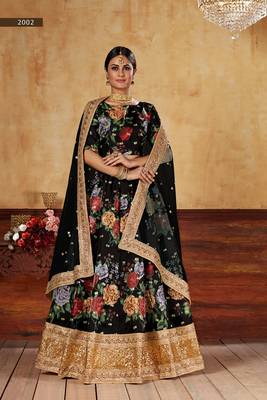 Black Art Silk Multicolor Floral Printed Semi Stitched Bridal Lehenga 4