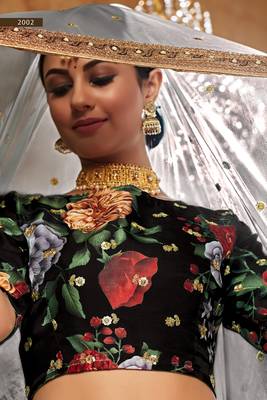 Black Art Silk Multicolor Floral Printed Semi Stitched Bridal Lehenga 5