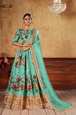 Green plain art silk semi stitched lehenga 1