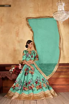 Green plain art silk semi stitched lehenga