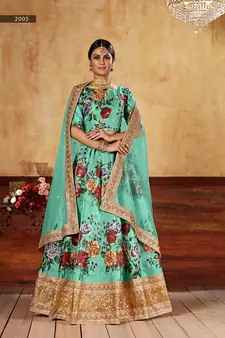 Green plain art silk semi stitched lehenga