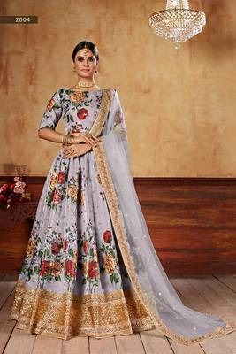 Grey plain art silk semi stitched lehenga 1