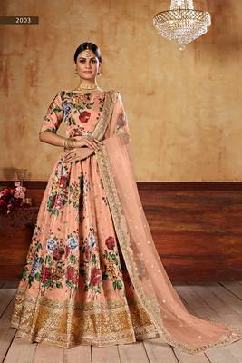 Peach plain art silk semi stitched lehenga 2
