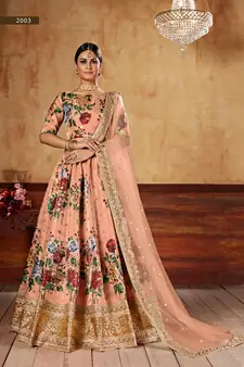 Peach plain art silk semi stitched lehenga