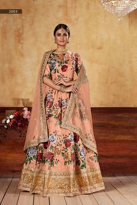 Peach plain art silk semi stitched lehenga 4