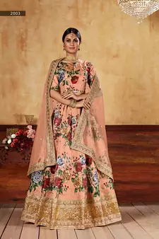 Peach plain art silk semi stitched lehenga