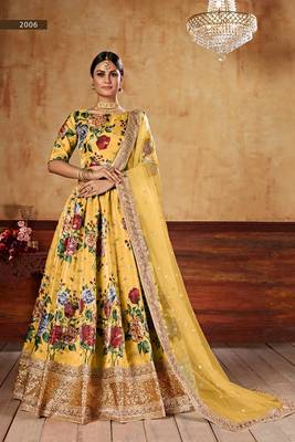 Yellow plain art silk semi stitched lehenga 1