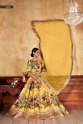 Yellow plain art silk semi stitched lehenga 2