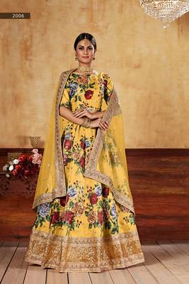 Yellow plain art silk semi stitched lehenga 3