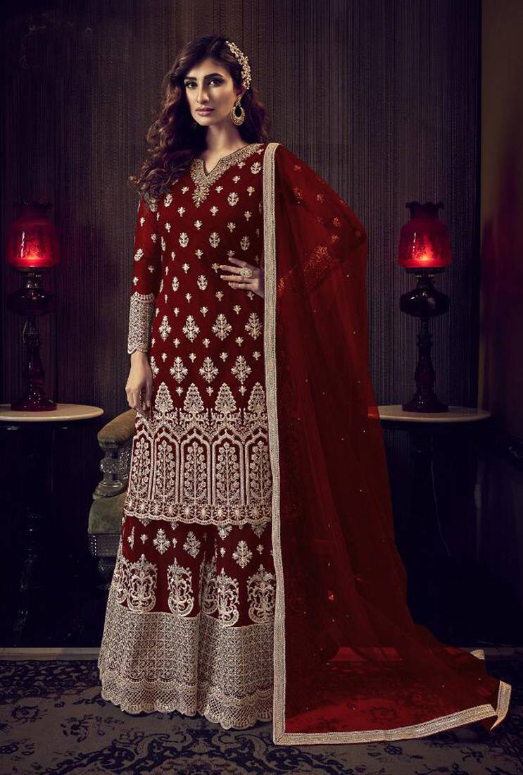 Maroon embroidered net salwar suit