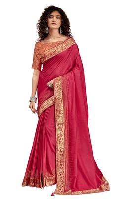 Pink plain chanderi silk saree with blouse 1