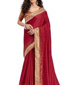 Maroon plain chanderi silk saree with blouse