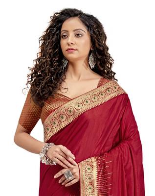 Maroon plain chanderi silk saree with blouse 2