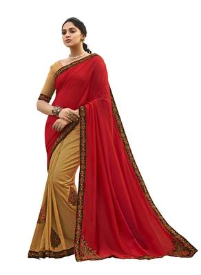 Red embroidered chanderi silk saree with blouse 1