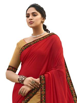 Red embroidered chanderi silk saree with blouse 2