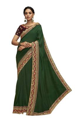 Green plain chanderi silk saree with blouse 1