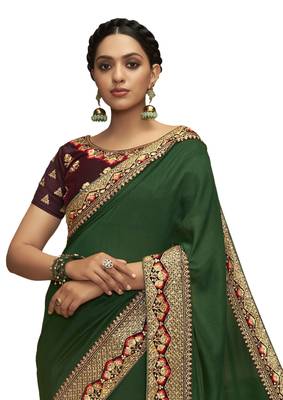Green plain chanderi silk saree with blouse 2