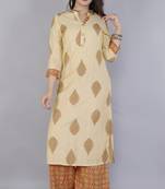 Ardozaa Women's Chanderi Printed Straight Kurta & Pant Set (Cream & Mustard)