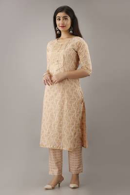 Ardozaa Women's Cotton Printed Straight Kurta Pant Set (Cream) 1