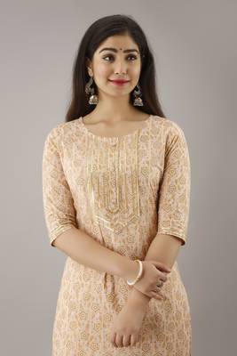 Ardozaa Women's Cotton Printed Straight Kurta Pant Set (Cream) 3