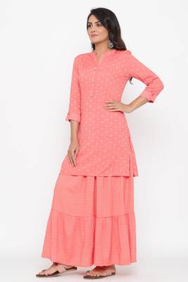 Ardozaa Women's Rayon Golden Zari Straight kurti sharara Set (Peach) 2