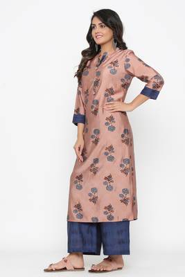 Ardozaa Women's Muslin Gold Print Straight Kurta Palazzo Set (Pink) 2