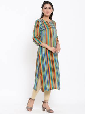 Ardozaa Womens Rayon Stripes Print Straight Kurta (Multicolor) 1