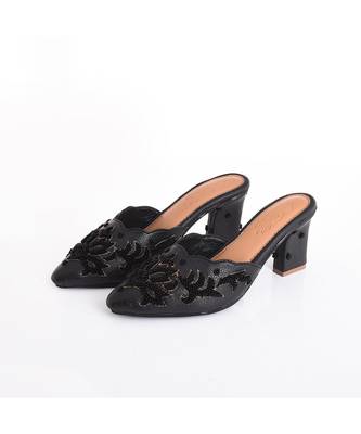 Ava Black 3D Embroidered Mules With Heel 1