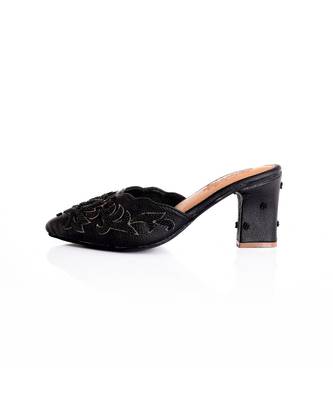 Ava Black 3D Embroidered Mules With Heel 2