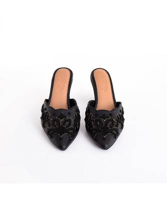 Ava Black 3D Embroidered Mules With Heel 4