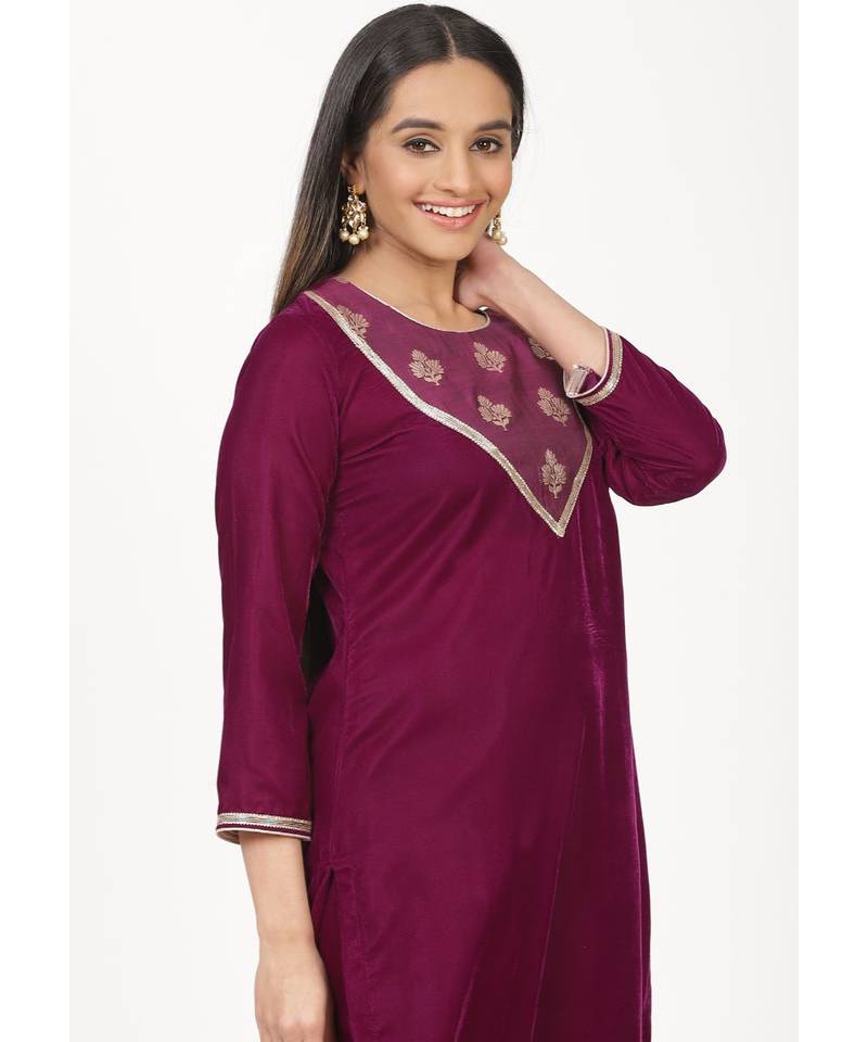 Purple Velvet Banarasi Yoke Velvet Kurti with Straight Pants