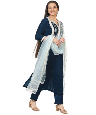 Turquoise Velvet Daffodil Straight Kurti with Straight Pants and Blush Blue Dupatta 1